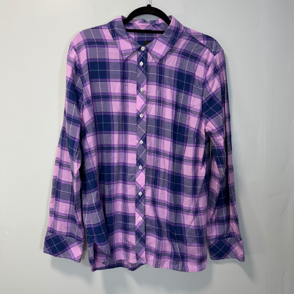 Talbots Womens XL Purple Plaid Metallic Button Front Long Sleeve Cotton Shirt